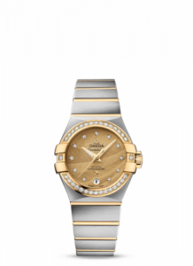 Omega Constellation Co-Axial 27 Brushed Stainless Steel / Yellow Gold / Diamond Bezel / Champagne Feather 123.25.27.20.58.002