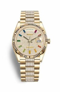 Rolex Day-Date 36 Yellow Gold / Fluted / Paved-Rainbow / President-Diamond 128238-0052