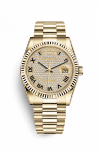 Rolex Day-Date 36 Yellow Gold Fluted / President / Paved Roman 118238-0129