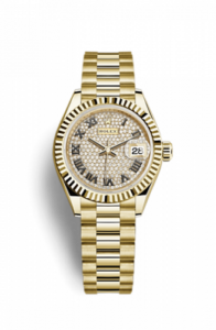 Rolex Lady-Datejust 28 Yellow Gold Fluted / President / Paved Roman 279178-0031